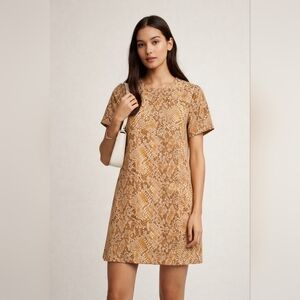 Babaton Snake Print Shift Dress Size 6 Beige Brown Short Sleeve Mini